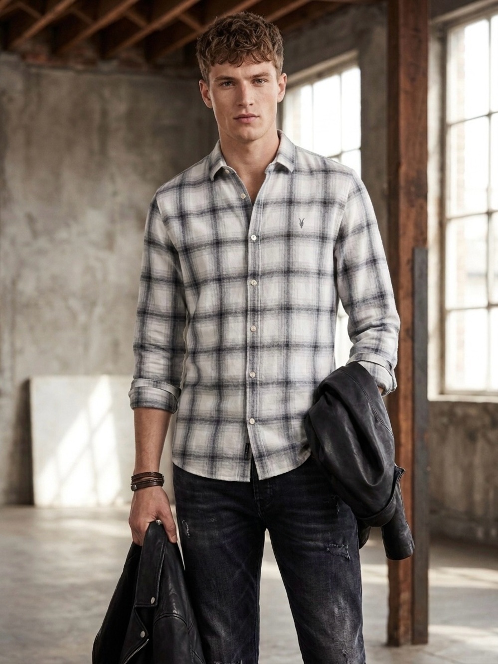 ALLSAINTS Ragado Relaxed Fit Plaid Flannel Button-Up Shirt LS Men's L